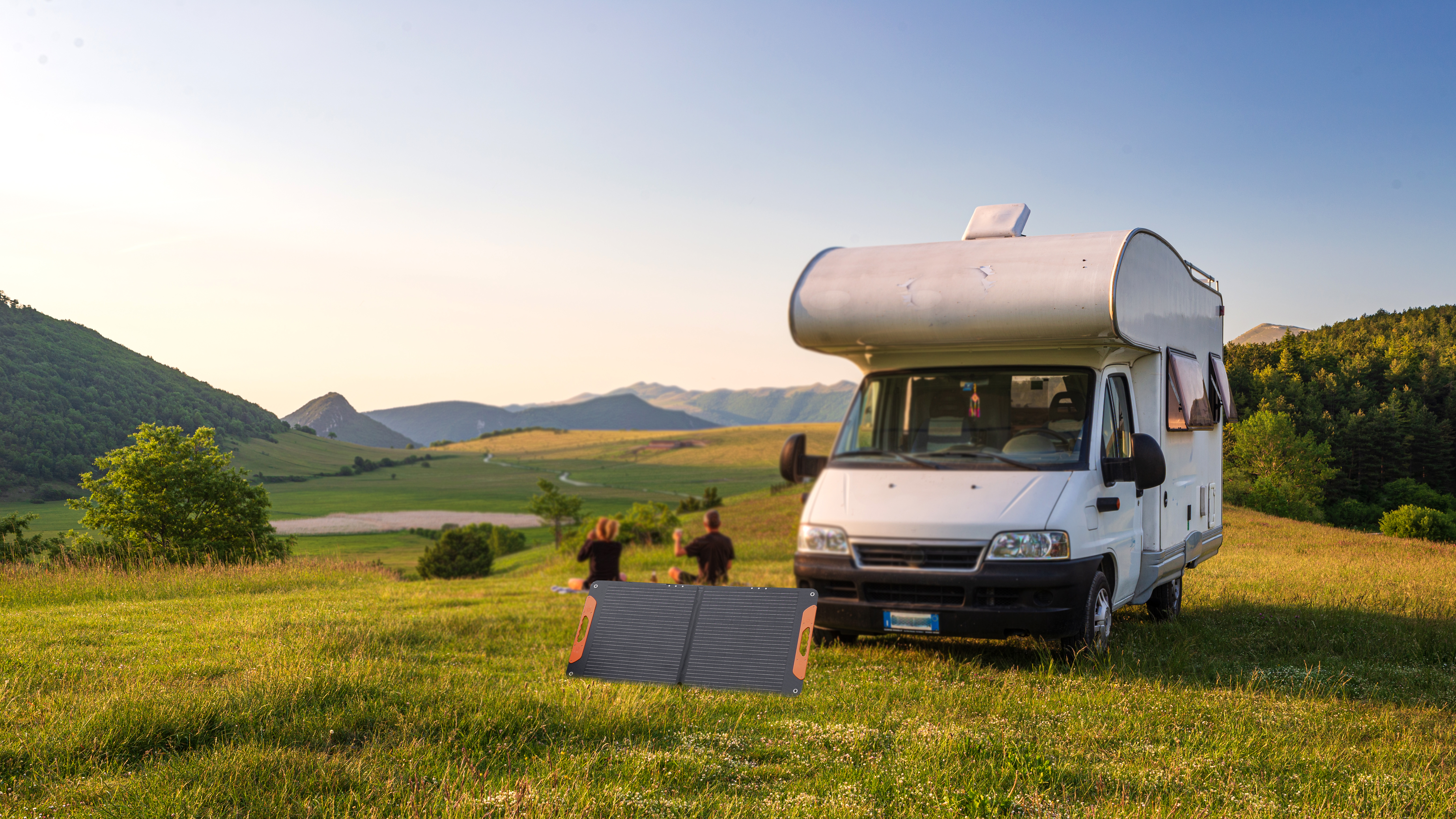 Sunset dramatic sky over camper van in Montelago highlands, Marc